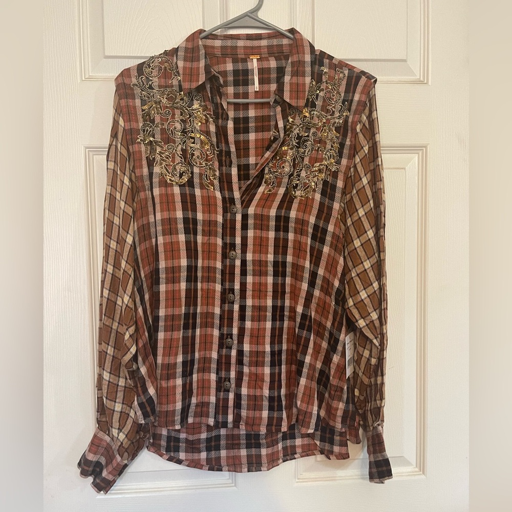 Free People Copper Plaid Mountain Snow Embroidered Sequin Shirt Top West…